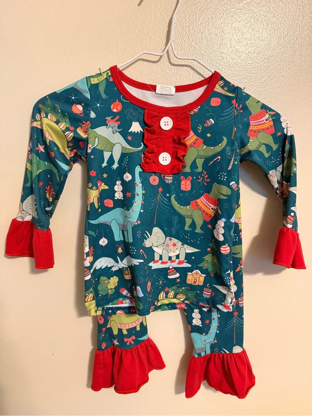 Christmas Dinosaur Outfit 2T | Toddler Girl Ruffle Bell Bottom Holiday Set